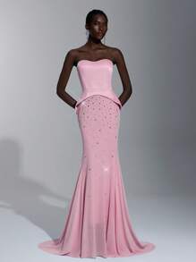 Elitara Elegant Luxurious Pink Satin Handmade Rhinestone Embellished Strapless Mermaid Hem Dress,Suitable For Dates,Parties,Galas,Formal Events&Balls - Baby Pink - View 7