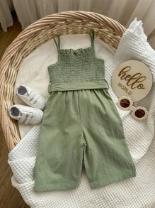 SHEIN Mono De Estampado Floral Para Bebé Niña Con Botones Frontales, Cinturón Y Tirantes Ajustables