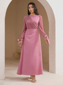Veilorie Women's Elegant Solid Color Pleated Dress - Pink - View 6