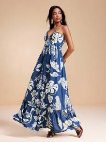 MIRENZI 热带波西米亚风印花褶饰挂脖系带后背褶饰长裙女式夏季度假