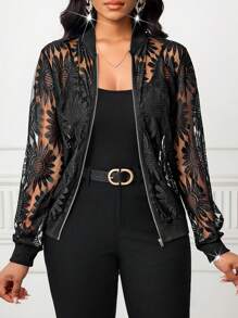 SHEIN Lady Women's Floral Mesh Long Sleeve Zip Front Casual Lightweight Baseball Jacket Lace Jacket Black Lace Jacket Lace Bomber Jacket Black Jacket Women Lace Cover Up