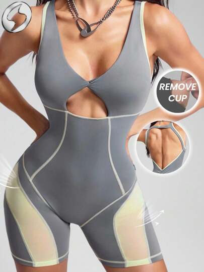 Innovista 女士 Contract Detail 运动连体衣，内置胸罩，可拆卸垫，双色运动弹力瑜伽健身连体衣，露背透气网眼镂空秋季运动连体衣，提升设计运动休闲连体衣，办公室到健身房，居家工作，跑步，骑行，HIIT 训练，舒适运动，有氧运动，自行车，交叉健身，户外运动，健康