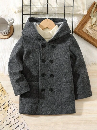 SHEIN Abrigo con capucha de doble botonadura y forro térmico de ajuste holgado para niño pequeño, unicolor, versátil y grueso, adecuado para otoño e invierno, abrigo de esquí para niños, abrigo gris para niños, abrigo para niños pequeños, abrigo para niños en otoño