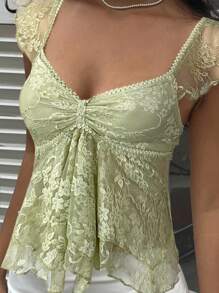 MainGRL Women's Olive Green Lace Ruffle Hem Sweetheart Neck Puff Sleeve Elegant T-Shirt - Olive Green - View 6