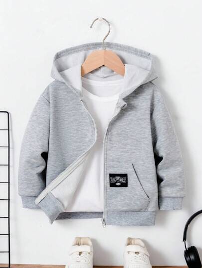 Genkimix Kids Young Boy Applique Patch Pocket Hooded Zipper Front Long Sleeve Jacket Chic Outfits For Autumn/Winter Fall