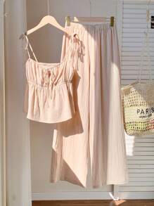 Comfortcana Women's Summer Vacation Linen Casual Solid Color Camisole And Pants Two Pieces Set, Suitable For Vacation Wear