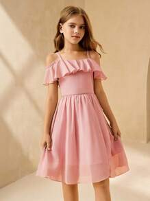 SHEIN Girls' Costume Dress, Short Chiffon Violin & Piano Performance Apparel For Children, Choir Ensemble Outfit - Pink - View 1