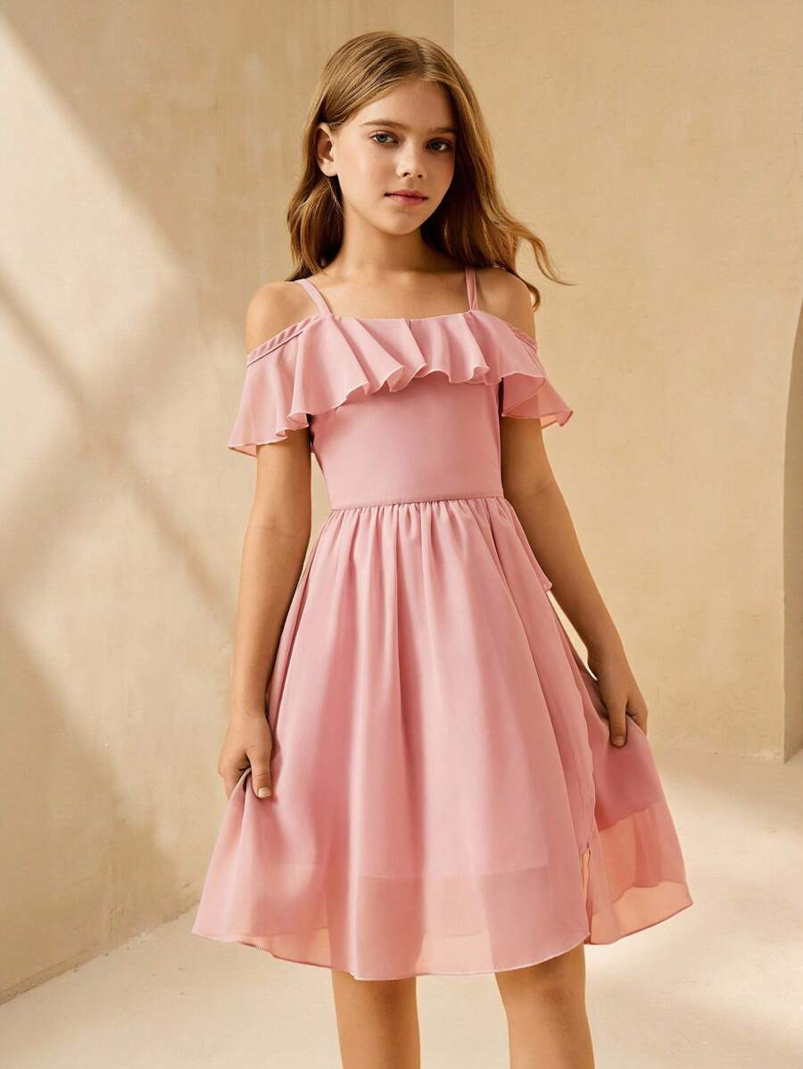 SHEIN Girls' Costume Dress, Short Chiffon Violin & Piano Performance Apparel For Children, Choir Ensemble Outfit - Pink - View 1