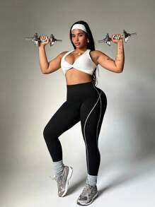 Rhythm Era Quần legging thể thao in chữ cạp cao cho nữ cỡ lớn - Đen và trắng - Xem 3