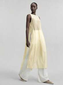 Ontre 2025年新款夏秋女式都市风格圆领透明无袖短款上衣，侧扣开合，长款衬衫，适合时尚日常穿着、商务休闲装、节日装、音乐节装、基本款外套 - 黃色 - 查看 5