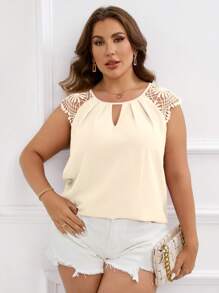 SHEIN Clasi Plus Contrast Guipure Lace Keyhole Neck Blouse,Business Casual Woman,Going Out Tops,Teacher Shirts - Apricot - View 3