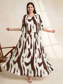 Chikora Vestido de verano de gasa con fruncido y estampado geométrico elegante para mujer de talla grande - Marrón - Ver 5