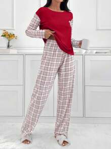 Cottnline 2pcs Cotton Plaid Block Shirt And Plaid Patterned Lounge Bottom Homewear Set - Red - View 3