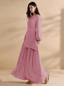 Graceveil Đầm nữ kiểu Pháp cổ tròn tay dài xếp ly thanh lịch - Hồng - Xem 6