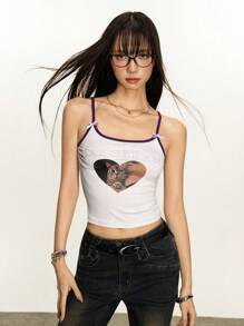 Rina Fox Women's Casual Cat Letter Print Bow Decor Cami Top, Summer - White - View 4