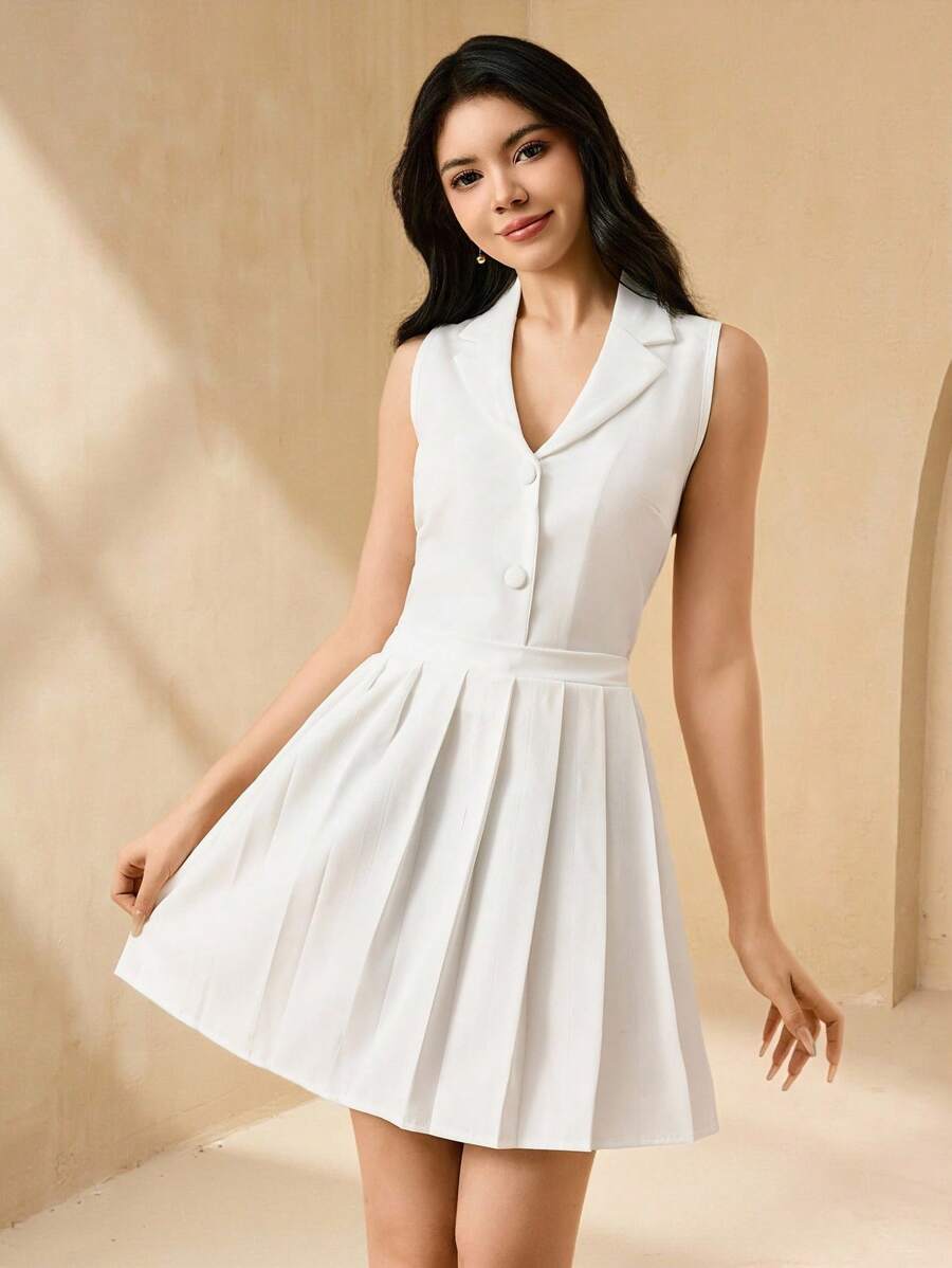 SHEIN Elegant & Fashionable Minimalist Youth Daily Wear, Includes Lapel Collar Sleeveless Short White Blazer Jacket & High-Waisted White Pleated Skirt Set