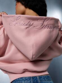 SUMWON Plus Size Bow Detail Cropped Zip Up Hoodie Fall Winter Casual Loungewear Fashion Forward Statement Piece Cozy Streetwear Graduation,Back To School Outfits,Graduation,Teacher Outfits For Women,Back To School Autumn - Pink - View 5