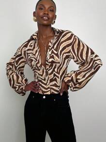 NYA SZN Áo dài tay cổ cài cúc, kiểu dáng trang trọng, kín đáo, họa tiết da báo, thích hợp cho các dịp đặc biệt, đi nghỉ mát, đi nhà thờ, dự tiệc tối, mùa thu đông, phong cách Ibiza, lãng mạn, lễ hội. - màu đen - Xem 7