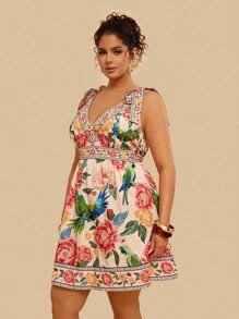 Travachic Plus Size Women's Summer Casual Vacation Shoulder Tie Bow Tropical Print Mini Dress