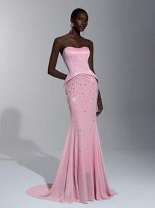 Elitara Elegant Luxurious Pink Satin Handmade Rhinestone Embellished Strapless Mermaid Hem Dress,Suitable For Dates,Parties,Galas,Formal Events&Balls - Baby Pink - View 5