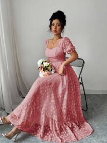 Modelyn 女士夏季优雅喇叭裙，荷叶边设计法式甜美短袖中长裙 - 珊瑚粉 - 查看 5