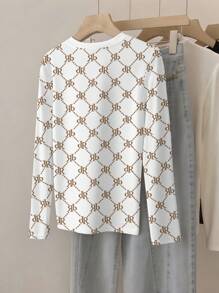 SHEIN Women's Casual All-Over Print Crew Neck Long Sleeve T-Shirt, Suitable For Outdoor