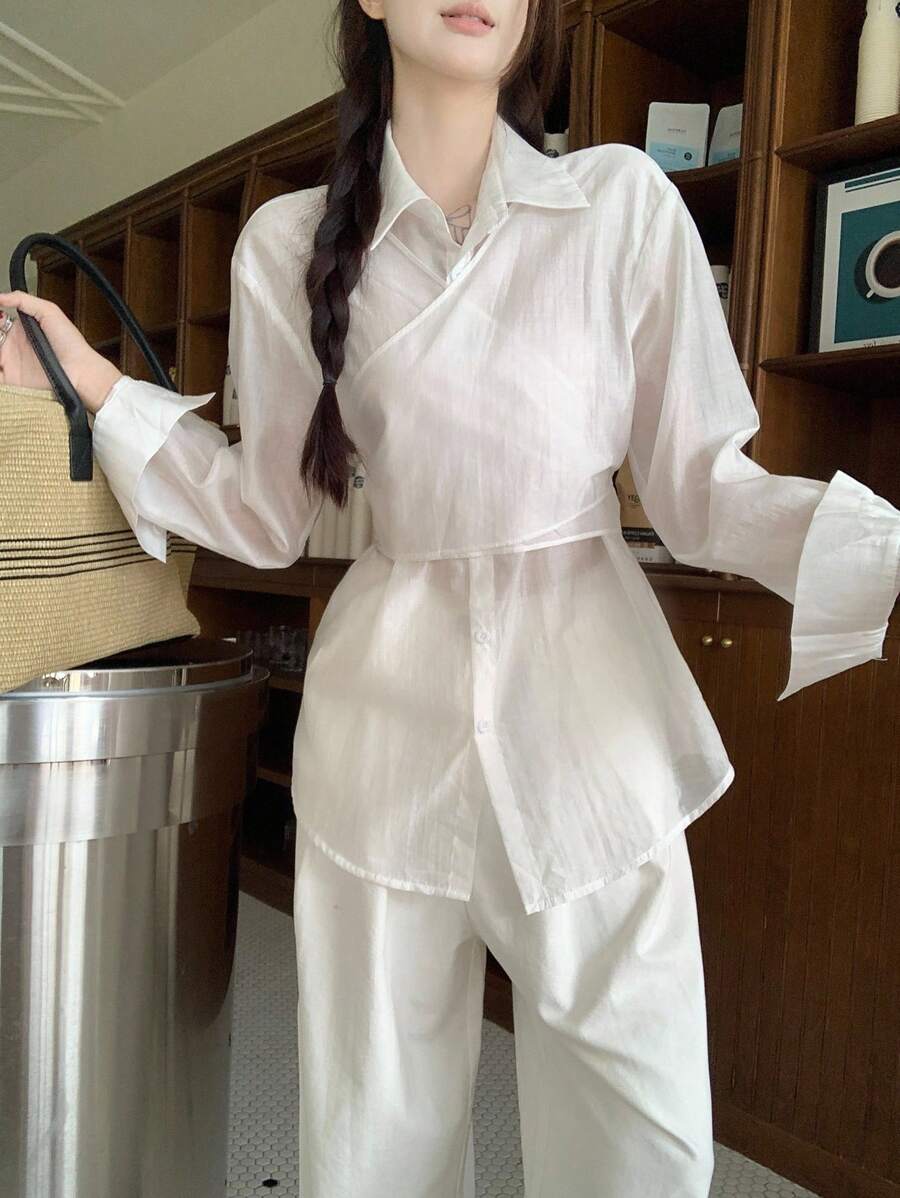 DAZY 女士交叉系带设计纯色长袖韩版衬衫 - 白色 - 查看 1