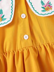 Young Girls' Spring/Summer Embroidery Ruffle Collar Puff Sleeve Design Dress, Suitable For School, Daily Wear And Vacation