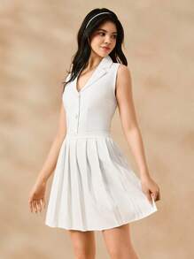 SHEIN Elegant & Fashionable Minimalist Youth Daily Wear, Includes Lapel Collar Sleeveless Short White Blazer Jacket & High-Waisted White Pleated Skirt Set