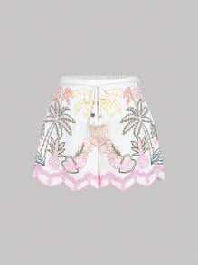 SHEIN MOD Shorts de pierna ancha con dobladillo bordado de flores isla para tallas grandes