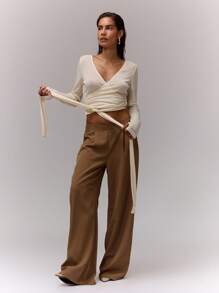 MUSERA V领裹身系带上衣，休闲度假日常机场穿搭，返校季冬季春季夏季皆宜。 - 杏色 - 查看 4