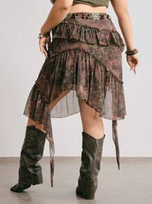 ROMWE Hippie 女式复古嬉皮佩斯利花卉印花蝴蝶腰链不对称下摆加大码 A 字裙