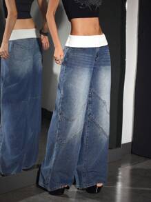 SHEIN PETITE Women's Contrast Waistband Pocket Wide Leg Loose Casual Jeans - Blue - View 6