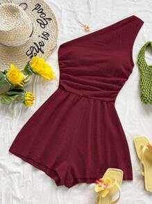 Soleia 女士夏季度假褶皱连体裤，适合早午餐、母亲节、毕业典礼、教堂、海滩、音乐节、机场、下午茶 - 酒紅色 - 查看 5