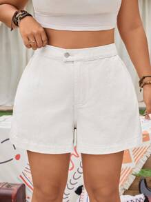 EMERY ROSE Quần short denim đơn giản thường ngày cỡ lớn cho nữ, trang phục phương Tây - trắng - Xem 3