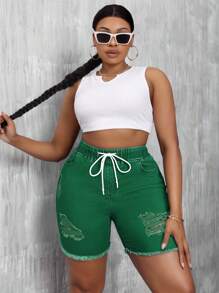 SHEIN SXY 大码休闲度假纯色抽绳牛仔短裤