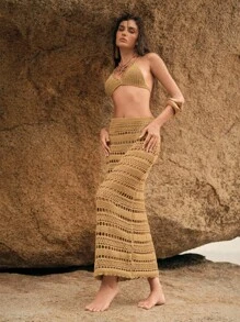 Anewsta Set de 2 piezas de ropa de playa y vacaciones de verano para mujer - Traje de baño tipo cubrecuerpo con escote halter, espalda abierta y nudo delantero de ganchillo - Mostaza Amarilla - Ver 4