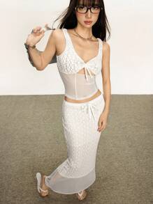 INAWLY 2件套女士性感蕾丝钩花系带吊带背心和镂空紧身长裙套装 - 白色 - 查看 6