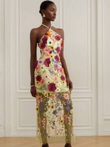 GENKIRA 新款优雅时尚女士长裙，3D 花朵细节，露背，束腰，修身，透视，适合婚礼和约会 - 黃色 - 查看 4