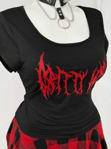 Flirla 2件套朋克时尚图案印花圆领T恤搭配格子A字迷你裙 - 彩色 - 查看 6