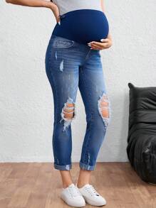 SHEIN Adjustable Waist Relaxed Fit Maternity Straight Leg Cropped Jeans - Medium Wash - View 1