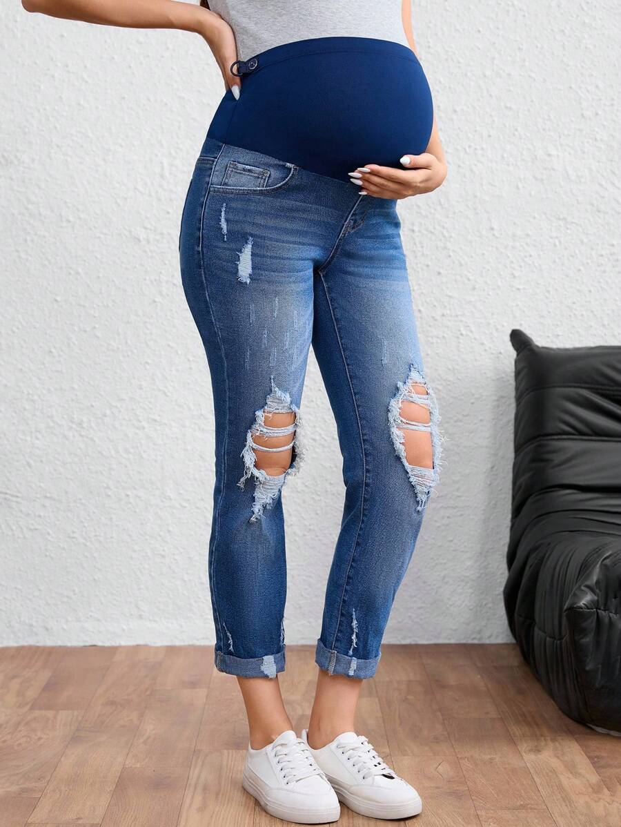 SHEIN Adjustable Waist Relaxed Fit Maternity Straight Leg Cropped Jeans - Medium Wash - View 1