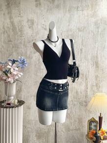 Attitoon Chân váy denim nữ dáng ôm, quần jean ngắn denim tối màu phong cách đường phố, chân váy cạp siêu thấp, gợi cảm cho câu lạc bộ, chân váy phong cách đường phố, chân váy grunge, chân váy vintage, phong cách Y2K, trở lại trường học, nữ vintage, grunge, chân váy gợi cảm, chân váy Gyaru - Rửa tối - Xem 5