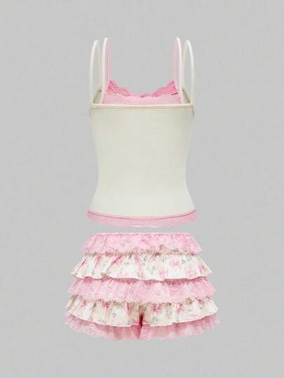 Kawaii Women Cute Bunny & Bow Printed 2 In 1 Camisole & Pants Set