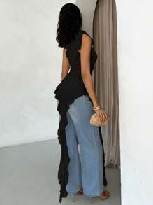 Glamine 春夏女装度假纹理提花吊带不对称斜肩水母吊带荷叶边无袖透视女上衣 - 黑色 - 查看 2