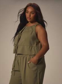 MUSERA Plus Ruched Tie Front Loose Fit Linen Look Top Holiday Swim Sexy Romantic Elegant Vanilla Spring Summer - Army Green - View 3