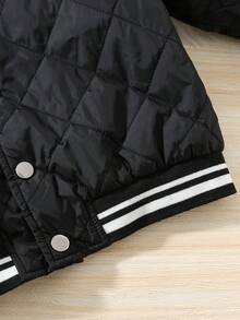 SHEIN Young Boys Padded Jacket Bomber Coat, Stylish Design For Kids, Suitable For Birthday Party, Evening Party, Performance, Wedding, Baby Shower, School, Spring/Autumn/Winter Boys Black Quilted Bomber Jacket Kids Black Puffer Jacket Boys Quilted Jacket Toddler Boy Black Jacket Boys Black Snap Button Jacket Fall - Black - View 4