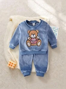 SHEIN Playful Pals Cute Round Neck Baby Boys Plush Outfit - Blue - View 1