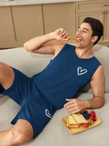 SHEIN 简约心形印花男士休闲无袖背心休闲睡衣套装 - 藏蓝色 - 查看 3