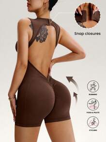 Dewbera 女式简约纯色露背无缝运动连体衣，夏季 - 咖啡棕 - 查看 2